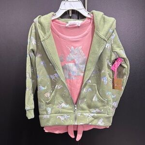 Young Hearts 2.pc. fleece lined hoodie,pouch pocket + short sleeve unicorn top